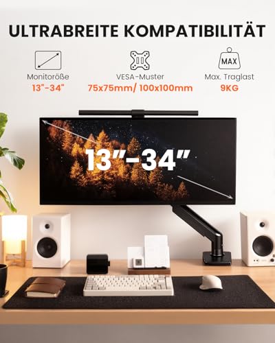ErGear Monitor Halterung für 13-34 Zoll Bildschirme [Upgraded - Schluss mit Absacken] Monitor Arm Werkzeuglose Schnellmontage bis 9kg, Monitorhalterung mit Kabelmanagement, VESA 75 & 100 mm