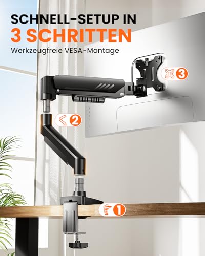 ErGear Monitor Halterung für 13-34 Zoll Bildschirme [Upgraded - Schluss mit Absacken] Monitor Arm Werkzeuglose Schnellmontage bis 9kg, Monitorhalterung mit Kabelmanagement, VESA 75 & 100 mm