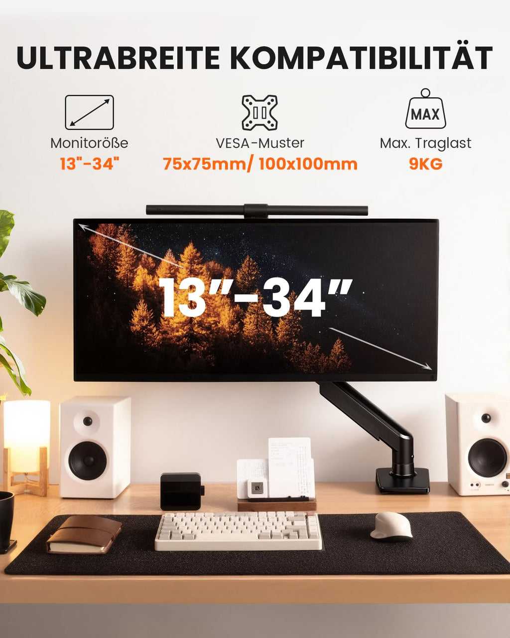 ErGear Monitor Halterung für 13-34 Zoll Bildschirme [Upgraded - Schluss mit Absacken] Monitor Arm Werkzeuglose Schnellmontage bis 9kg, Monitorhalterung mit Kabelmanagement, VESA 75 & 100 mm