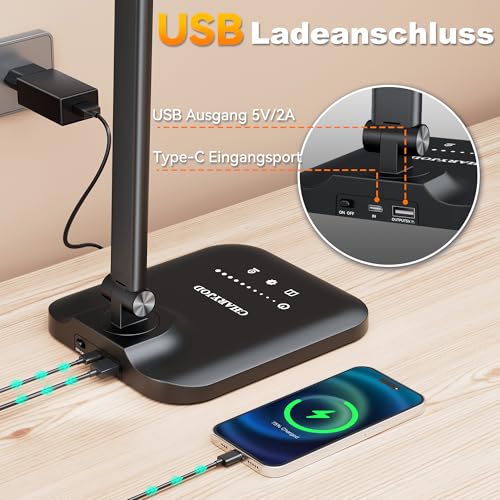 CHARYJOD Doppelkopf Schreibtischlampe LED Dimmbar, Dehnbare LED Schreibtischlampe,Schreibtisch Lampe hat 5-Farbtemperaturen und 10-Helligkeitsstufen, USB-Ladeanschluss