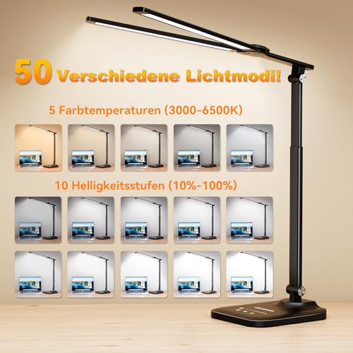 CHARYJOD Doppelkopf Schreibtischlampe LED Dimmbar, Dehnbare LED Schreibtischlampe,Schreibtisch Lampe hat 5-Farbtemperaturen und 10-Helligkeitsstufen, USB-Ladeanschluss