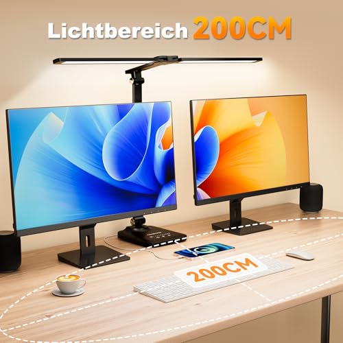 CHARYJOD Doppelkopf Schreibtischlampe LED Dimmbar, Dehnbare LED Schreibtischlampe,Schreibtisch Lampe hat 5-Farbtemperaturen und 10-Helligkeitsstufen, USB-Ladeanschluss