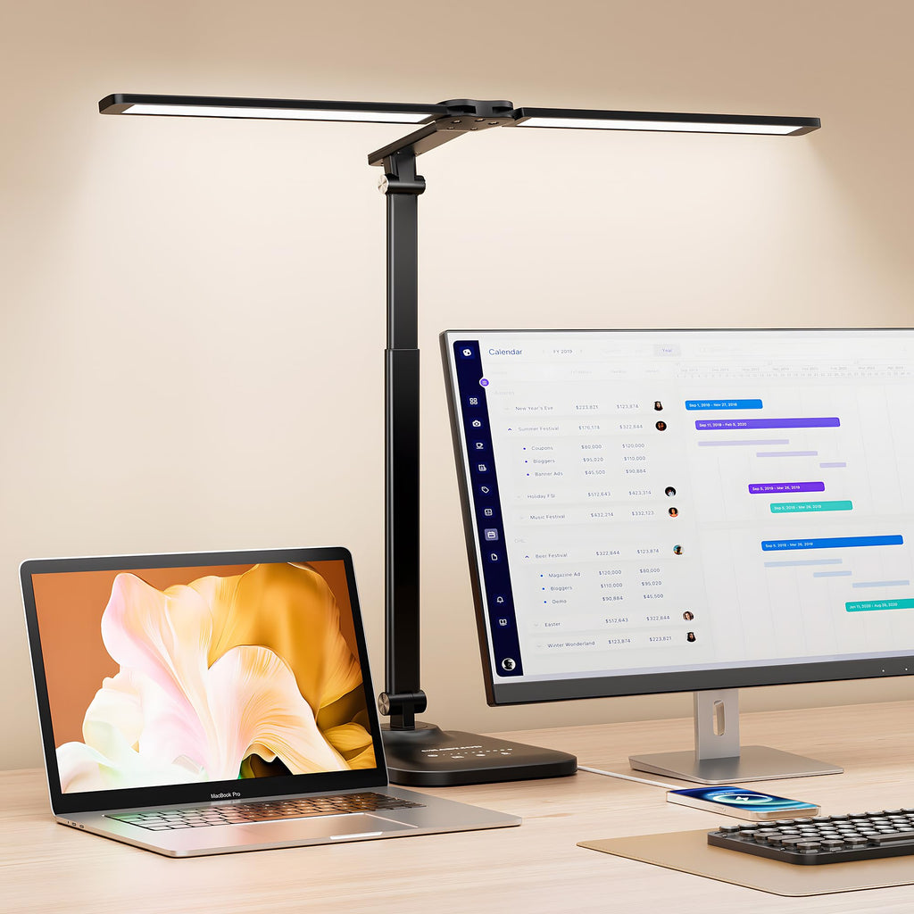CHARYJOD Doppelkopf Schreibtischlampe LED Dimmbar, Dehnbare LED Schreibtischlampe,Schreibtisch Lampe hat 5-Farbtemperaturen und 10-Helligkeitsstufen, USB-Ladeanschluss