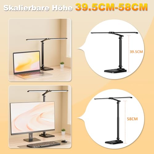 CHARYJOD Doppelkopf Schreibtischlampe LED Dimmbar, Dehnbare LED Schreibtischlampe,Schreibtisch Lampe hat 5-Farbtemperaturen und 10-Helligkeitsstufen, USB-Ladeanschluss