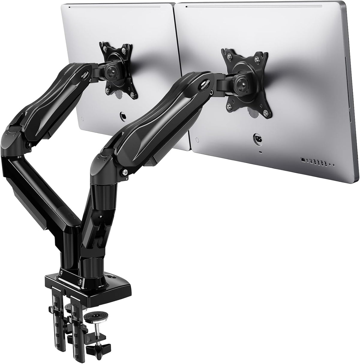 HUANUO Monitor Halterung 2 Monitore für 13 bis 32 Zoll Bildschirme, Bildschirmhalterung 2 Monitor, Gaming Monitorhalterung 2 Monitore - 360° Drehbar, 2 Montageoptionen, VESA 75 & 100 (Schwarz)