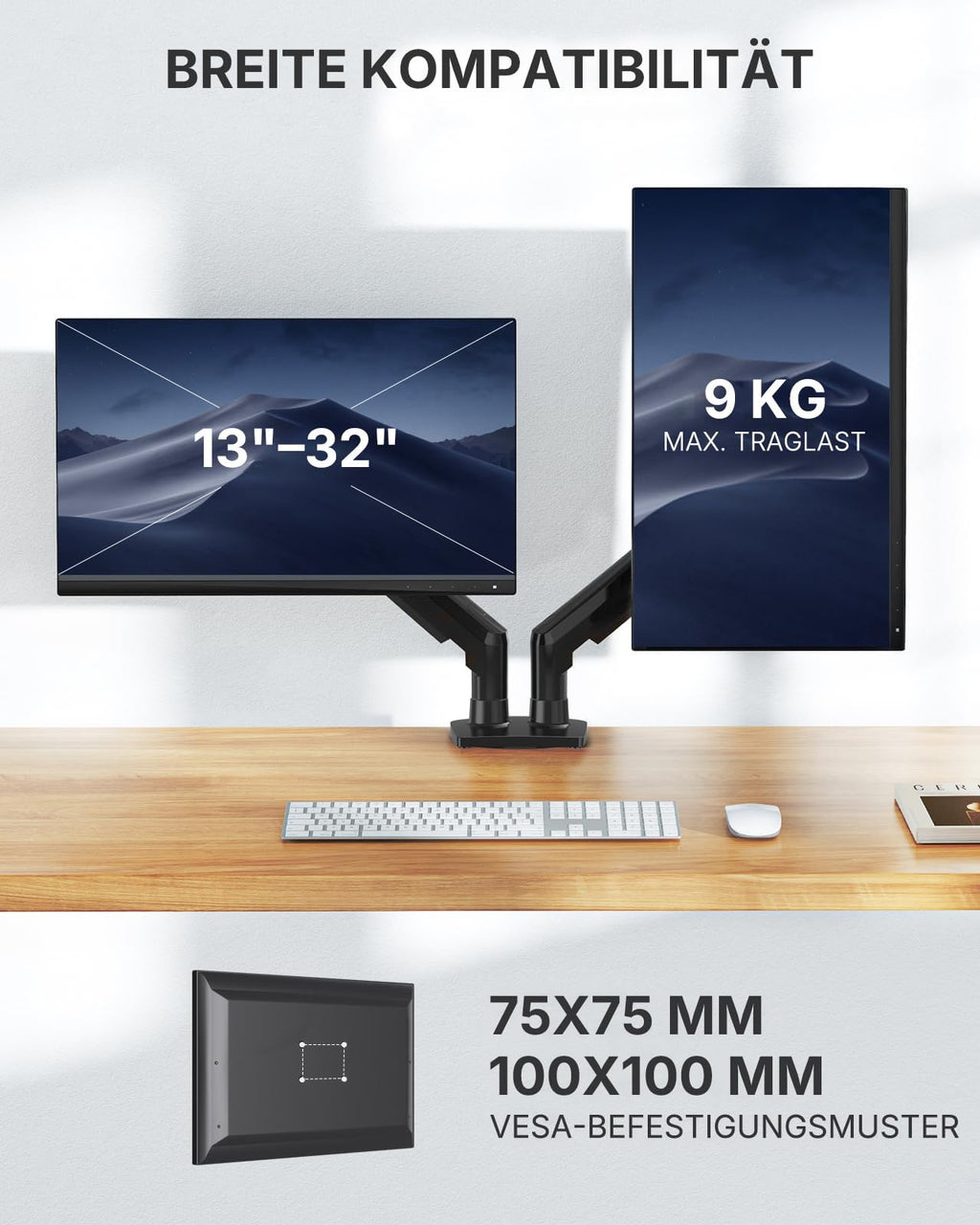 HUANUO Monitor Halterung 2 Monitore für 13 bis 32 Zoll Bildschirme, Bildschirmhalterung 2 Monitor, Gaming Monitorhalterung 2 Monitore - 360° Drehbar, 2 Montageoptionen, VESA 75 & 100 (Schwarz)