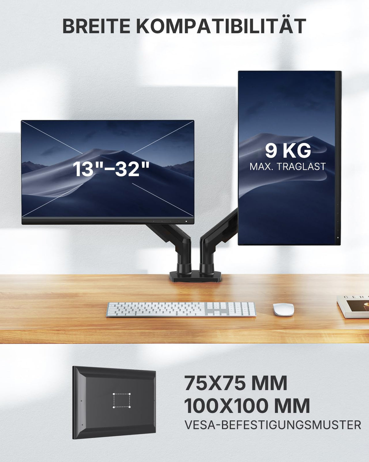 HUANUO Monitor Halterung 2 Monitore für 13 bis 32 Zoll Bildschirme, Bildschirmhalterung 2 Monitor, Gaming Monitorhalterung 2 Monitore - 360° Drehbar, 2 Montageoptionen, VESA 75 & 100 (Schwarz)
