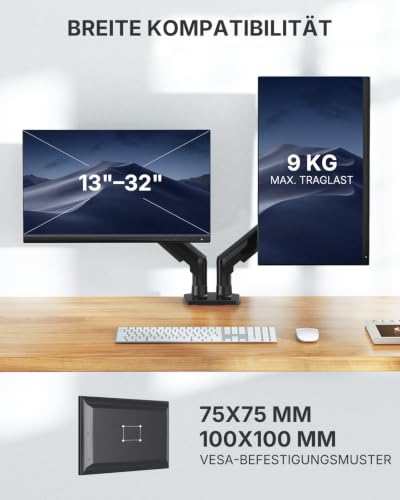 HUANUO Monitor Halterung 2 Monitore für 13 bis 32 Zoll Bildschirme, Bildschirmhalterung 2 Monitor, Gaming Monitorhalterung 2 Monitore - 360° Drehbar, 2 Montageoptionen, VESA 75 & 100 (Schwarz)