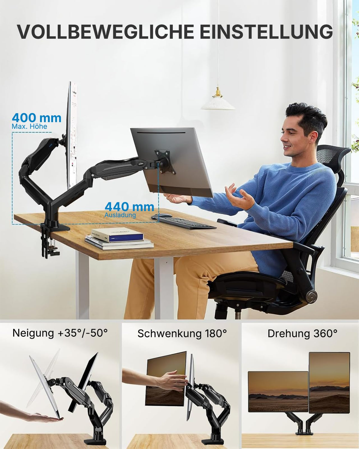 HUANUO Monitor Halterung 2 Monitore für 13 bis 32 Zoll Bildschirme, Bildschirmhalterung 2 Monitor, Gaming Monitorhalterung 2 Monitore - 360° Drehbar, 2 Montageoptionen, VESA 75 & 100 (Schwarz)