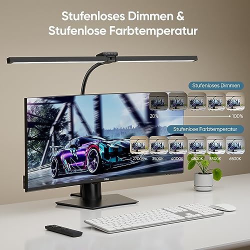 brightower Doppelkopf Schreibtischlampe LED Dimmbar, 24W 80CM Schreibtischlampe klemmbar für Homeoffice, Augenschutz Tageslichtlampe mit Fernbedienungen, Schwanenhals Büro Tischlampe 5 Farbmodi