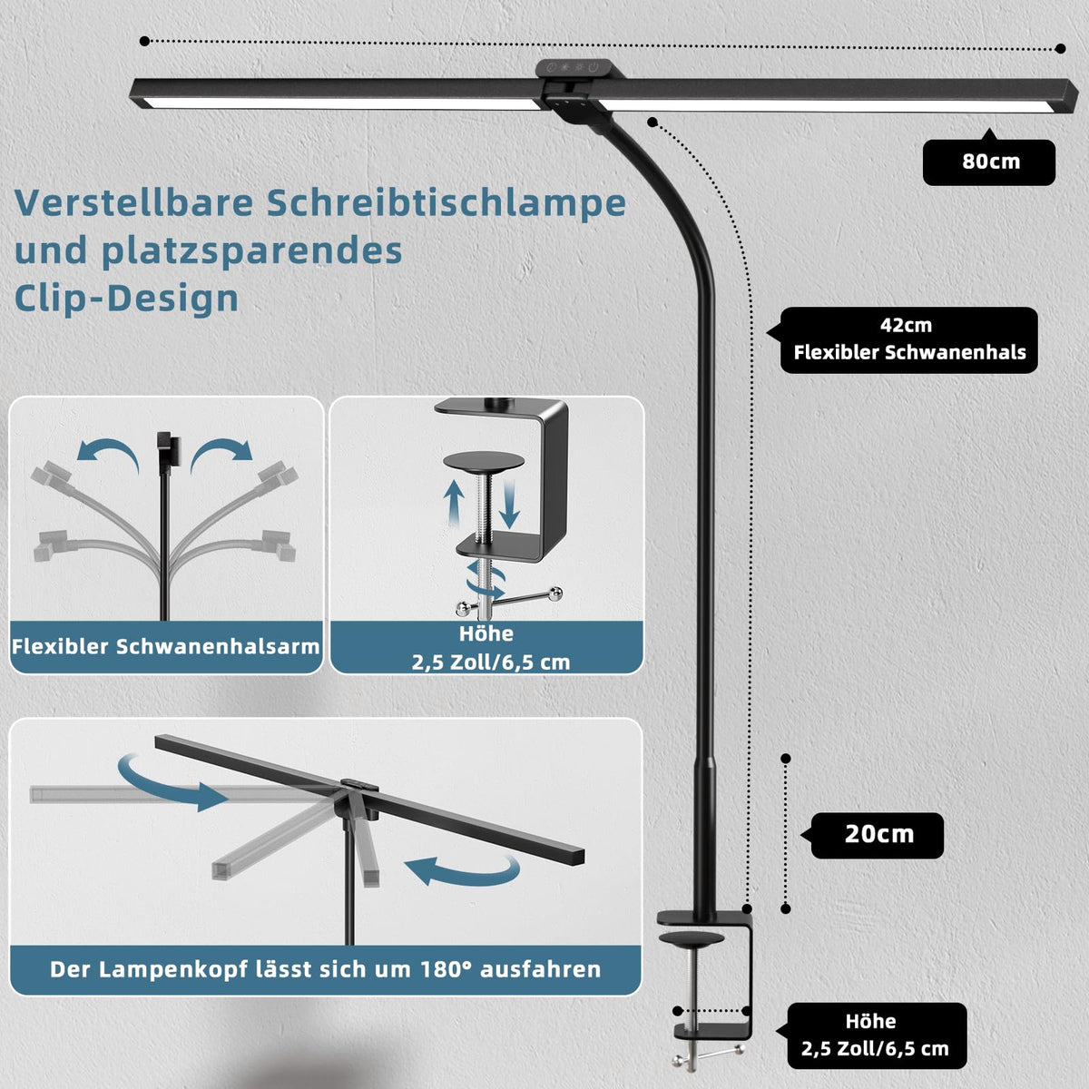 brightower Doppelkopf Schreibtischlampe LED Dimmbar, 24W 80CM Schreibtischlampe klemmbar für Homeoffice, Augenschutz Tageslichtlampe mit Fernbedienungen, Schwanenhals Büro Tischlampe 5 Farbmodi