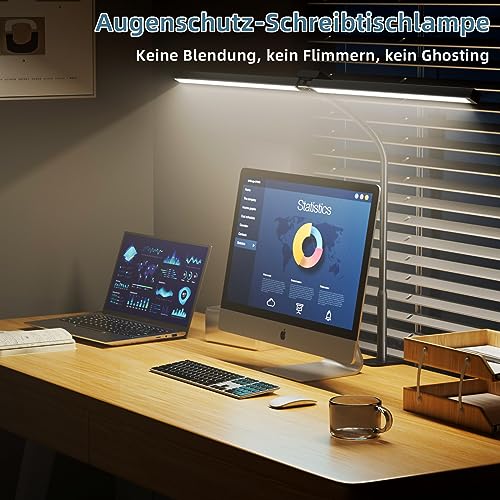 brightower Doppelkopf Schreibtischlampe LED Dimmbar, 24W 80CM Schreibtischlampe klemmbar für Homeoffice, Augenschutz Tageslichtlampe mit Fernbedienungen, Schwanenhals Büro Tischlampe 5 Farbmodi