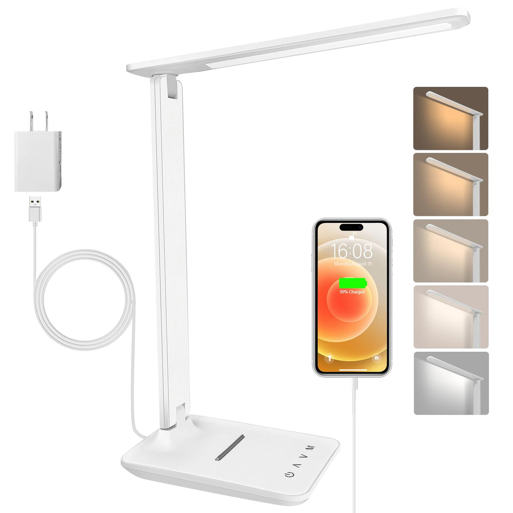 Jumoking Schreibtischlampe LED Dimmbar Augenschutz,Desk Lamp mit 5 Farben und 5 Helligkeitsstufen,Tischlampemit USB Ladeanschluss Touch Steuerung für Kinder, Schlafzimmer, Lektüre, Büros (White)