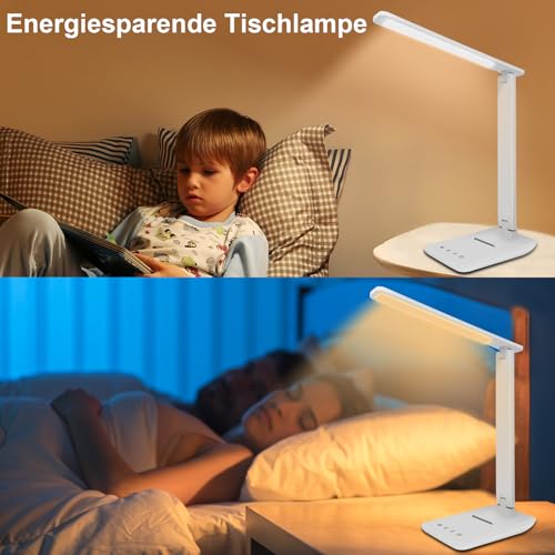 Jumoking Schreibtischlampe LED Dimmbar Augenschutz,Desk Lamp mit 5 Farben und 5 Helligkeitsstufen,Tischlampemit USB Ladeanschluss Touch Steuerung für Kinder, Schlafzimmer, Lektüre, Büros (White)