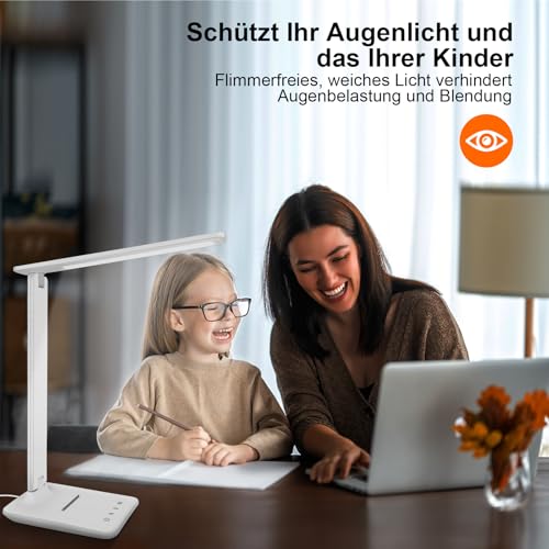 Jumoking Schreibtischlampe LED Dimmbar Augenschutz,Desk Lamp mit 5 Farben und 5 Helligkeitsstufen,Tischlampemit USB Ladeanschluss Touch Steuerung für Kinder, Schlafzimmer, Lektüre, Büros (White)