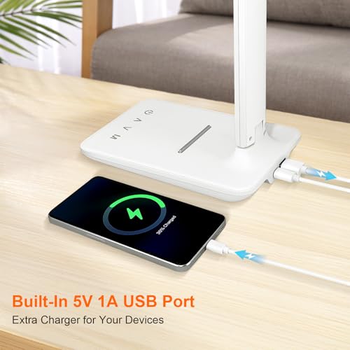 Jumoking Schreibtischlampe LED Dimmbar Augenschutz,Desk Lamp mit 5 Farben und 5 Helligkeitsstufen,Tischlampemit USB Ladeanschluss Touch Steuerung für Kinder, Schlafzimmer, Lektüre, Büros (White)