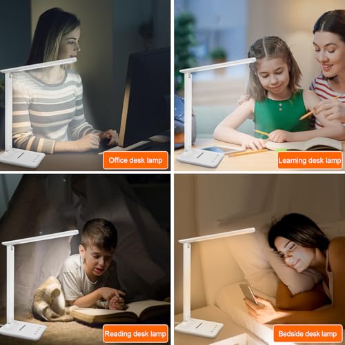 Jumoking Schreibtischlampe LED Dimmbar Augenschutz,Desk Lamp mit 5 Farben und 5 Helligkeitsstufen,Tischlampemit USB Ladeanschluss Touch Steuerung für Kinder, Schlafzimmer, Lektüre, Büros (White)