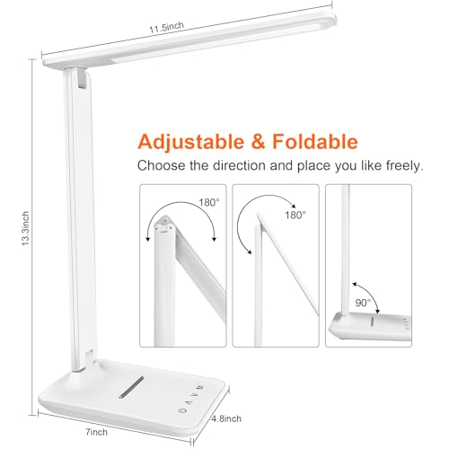 Jumoking Schreibtischlampe LED Dimmbar Augenschutz,Desk Lamp mit 5 Farben und 5 Helligkeitsstufen,Tischlampemit USB Ladeanschluss Touch Steuerung für Kinder, Schlafzimmer, Lektüre, Büros (White)