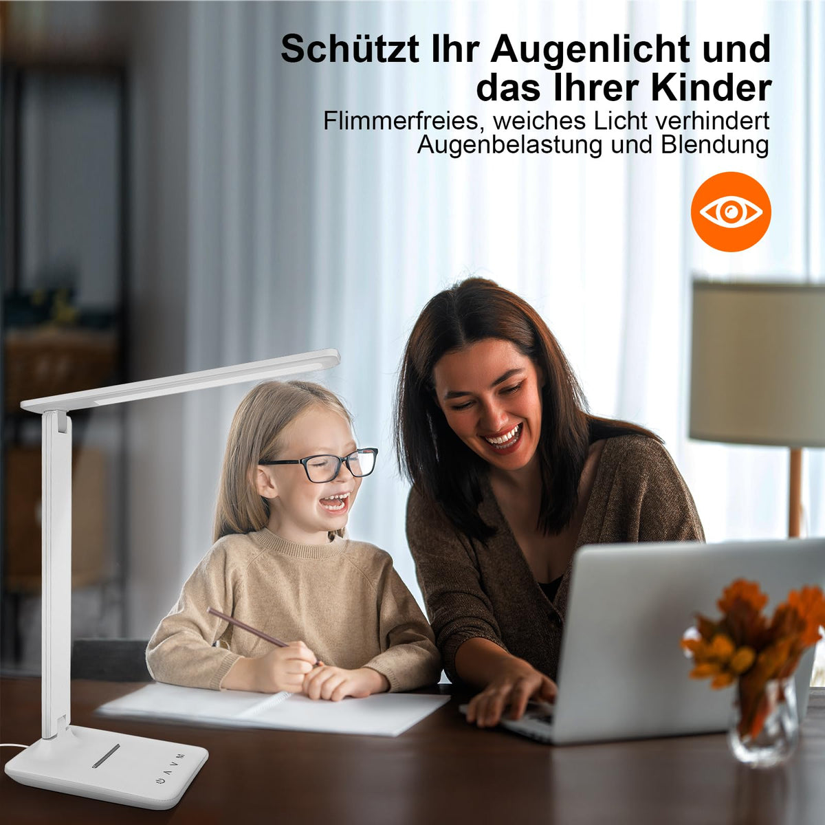 Jumoking Schreibtischlampe LED Dimmbar Augenschutz,Desk Lamp mit 5 Farben und 5 Helligkeitsstufen,Tischlampemit USB Ladeanschluss Touch Steuerung für Kinder, Schlafzimmer, Lektüre, Büros (White)