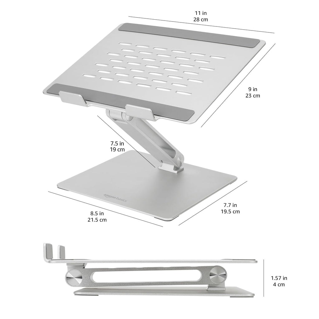 Amazon Basics Ergonomischer Laptopständer, Verstellbarer Neigungswinkel, Lüftungsöffnung, Stabile Scharniere, Passend für 10" (25,4cm) bis 17" (43,2cm) Laptops, Silber