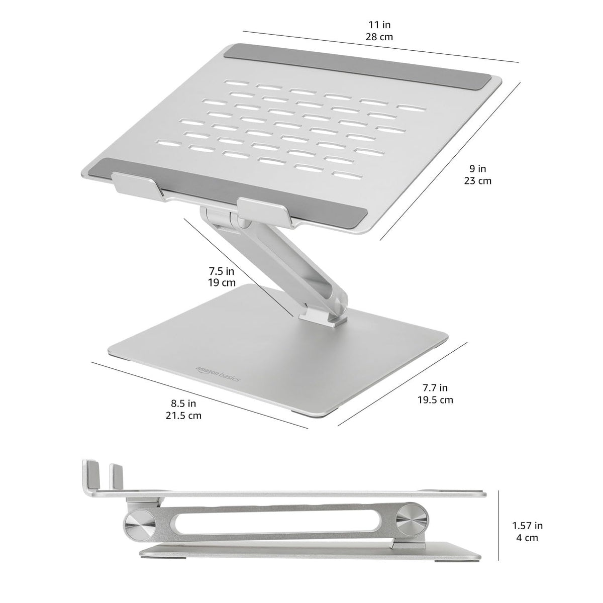 Amazon Basics Ergonomischer Laptopständer, Verstellbarer Neigungswinkel, Lüftungsöffnung, Stabile Scharniere, Passend für 10" (25,4cm) bis 17" (43,2cm) Laptops, Silber