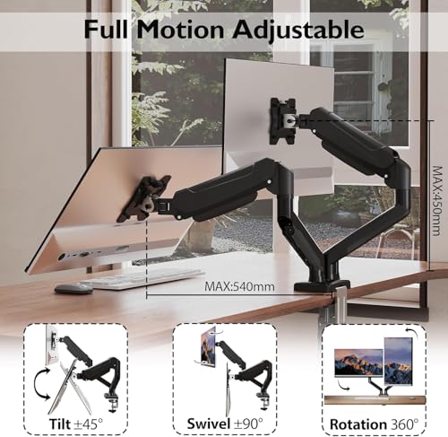 BONTEC Monitor Halterung 2 Monitore, Bildschirmhalterung 2 Monitor für 13-32 Zoll, Gasfederarm mit 360° Drehbar & Neigbar, Kabelmanagement, 2 Montageoptionen, VESA 75/100, 3-9 kg