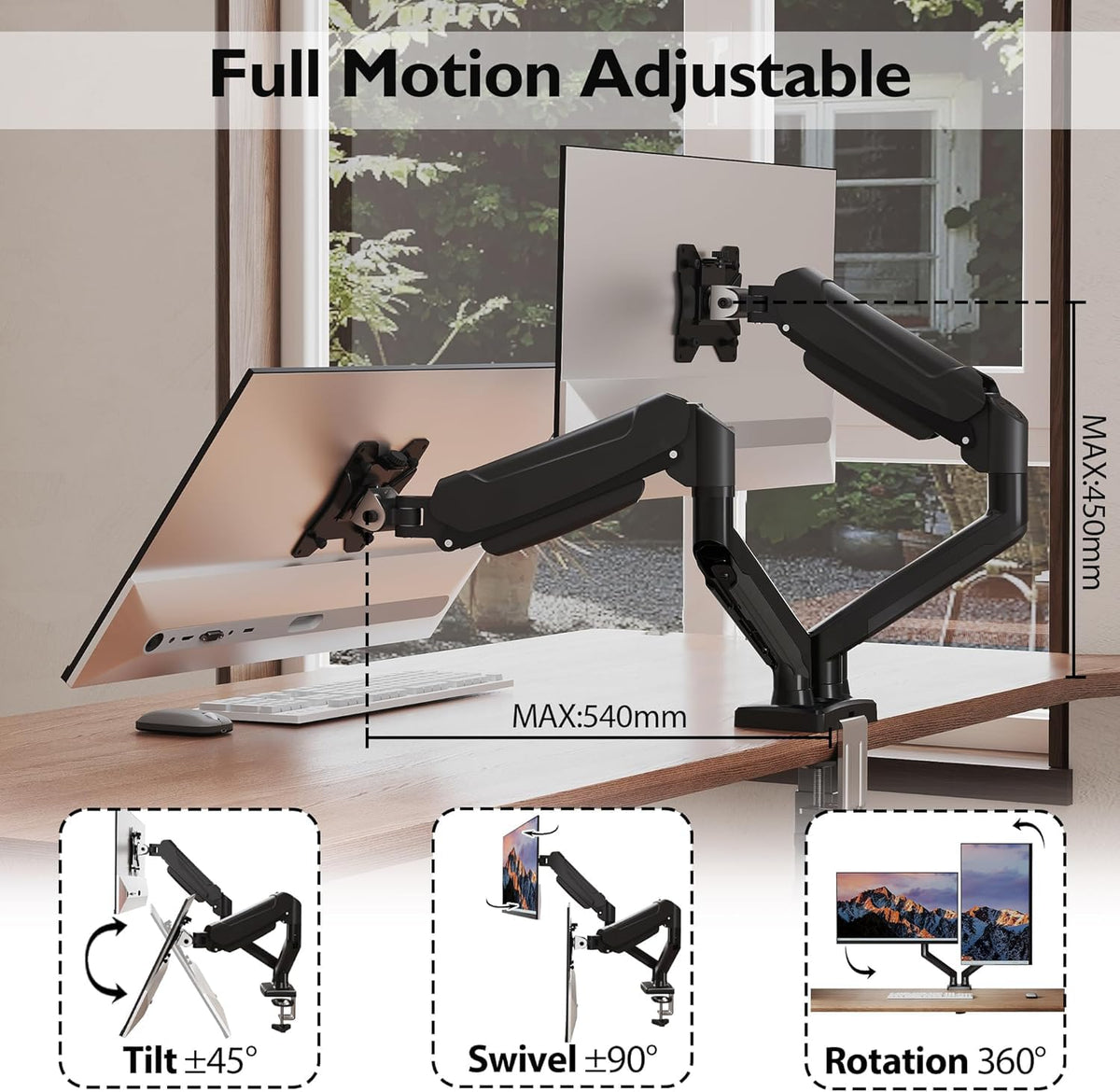 BONTEC Monitor Halterung 2 Monitore, Bildschirmhalterung 2 Monitor für 13-32 Zoll, Gasfederarm mit 360° Drehbar & Neigbar, Kabelmanagement, 2 Montageoptionen, VESA 75/100, 3-9 kg