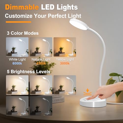 15W LED Schreibtischlampe mit USB-A & USB-C – Dimmbar, 3 Farbtemperaturen, 5 Helligkeitsstufen, 4 Timer, Flexibler 360° Schwanenhals, Augenschonend, Tischlampe für Büro & Schlafzimmer - Weiß