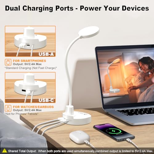 15W LED Schreibtischlampe mit USB-A & USB-C – Dimmbar, 3 Farbtemperaturen, 5 Helligkeitsstufen, 4 Timer, Flexibler 360° Schwanenhals, Augenschonend, Tischlampe für Büro & Schlafzimmer - Weiß