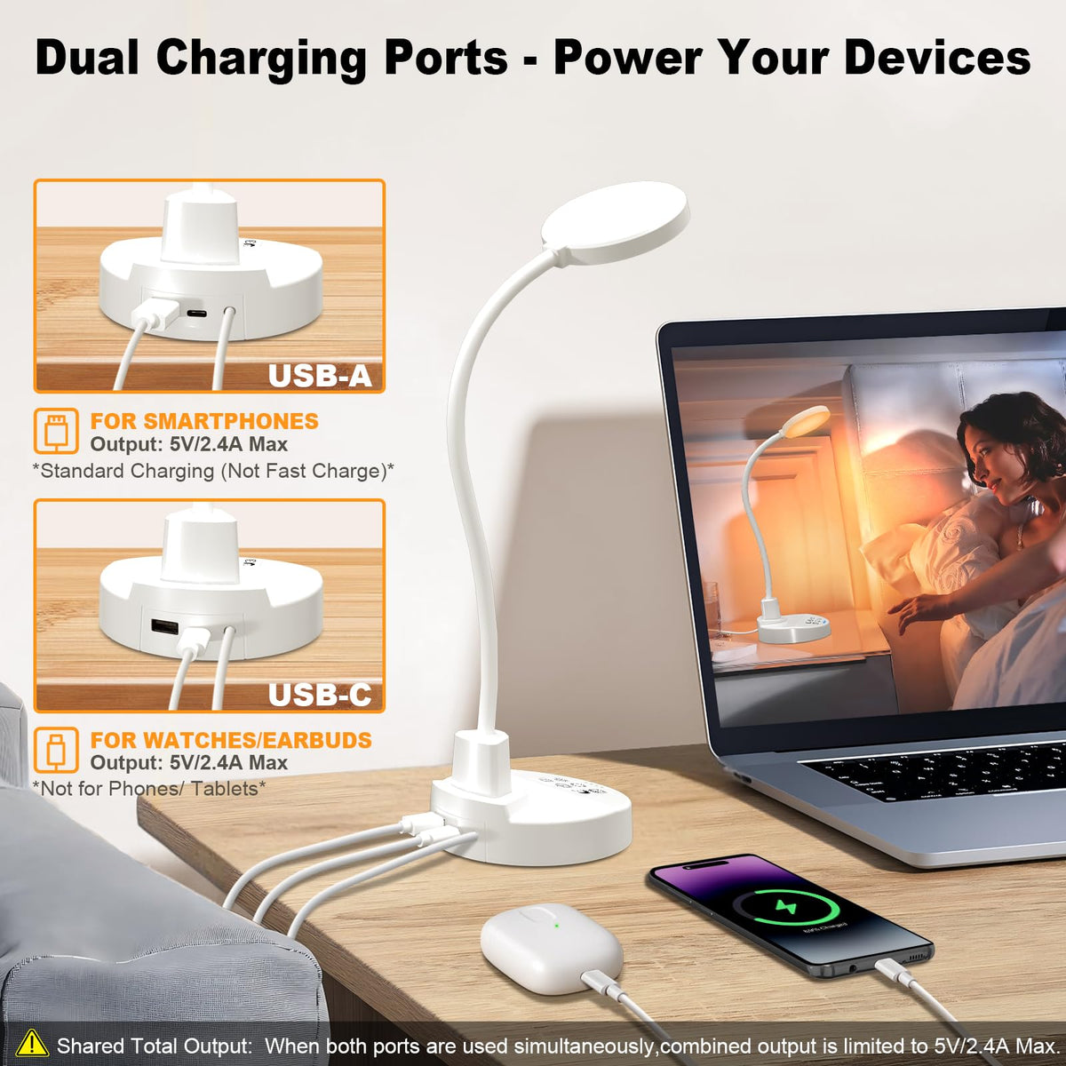 15W LED Schreibtischlampe mit USB-A & USB-C – Dimmbar, 3 Farbtemperaturen, 5 Helligkeitsstufen, 4 Timer, Flexibler 360° Schwanenhals, Augenschonend, Tischlampe für Büro & Schlafzimmer - Weiß