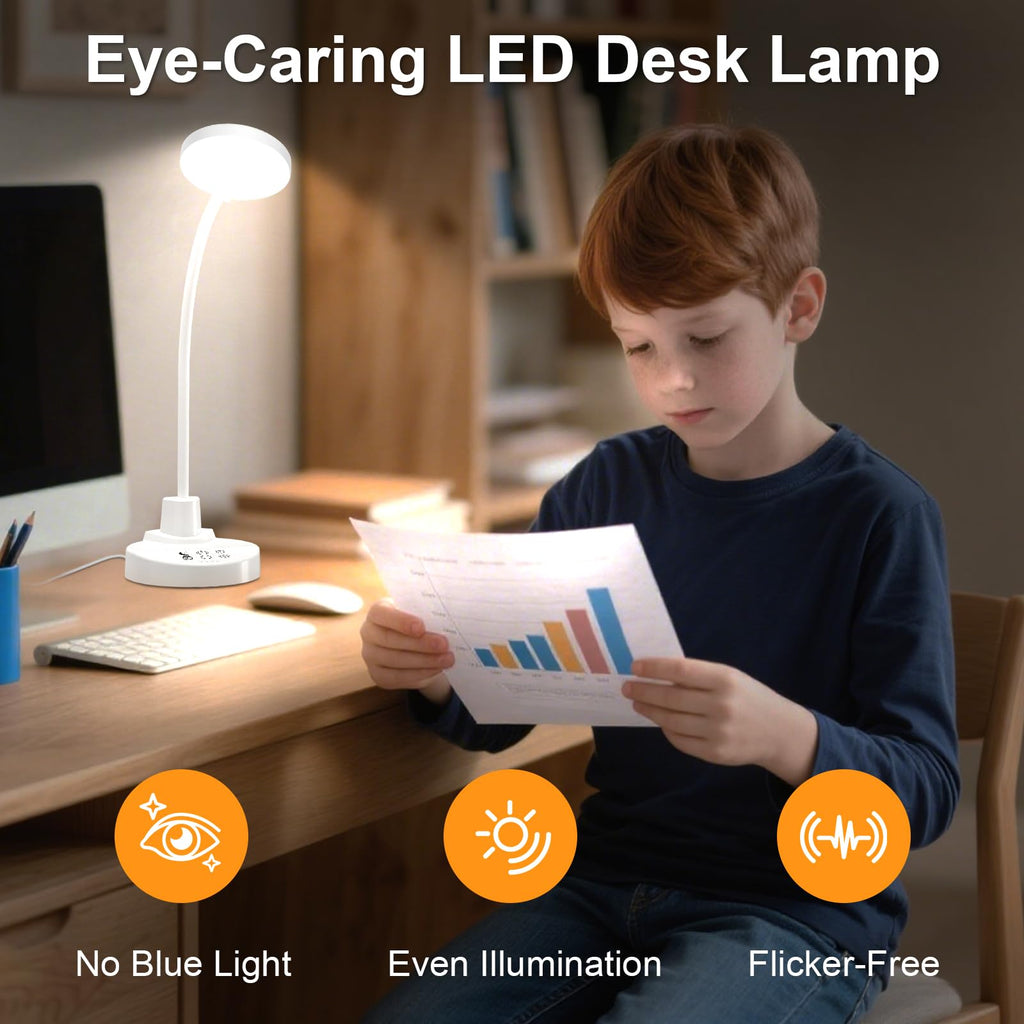15W LED Schreibtischlampe mit USB-A & USB-C – Dimmbar, 3 Farbtemperaturen, 5 Helligkeitsstufen, 4 Timer, Flexibler 360° Schwanenhals, Augenschonend, Tischlampe für Büro & Schlafzimmer - Weiß