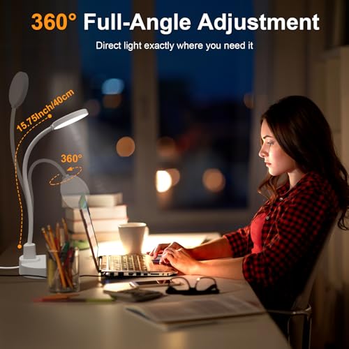 15W LED Schreibtischlampe mit USB-A & USB-C – Dimmbar, 3 Farbtemperaturen, 5 Helligkeitsstufen, 4 Timer, Flexibler 360° Schwanenhals, Augenschonend, Tischlampe für Büro & Schlafzimmer - Weiß