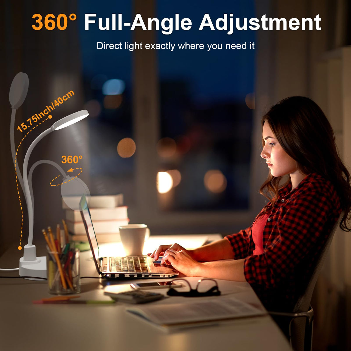 15W LED Schreibtischlampe mit USB-A & USB-C – Dimmbar, 3 Farbtemperaturen, 5 Helligkeitsstufen, 4 Timer, Flexibler 360° Schwanenhals, Augenschonend, Tischlampe für Büro & Schlafzimmer - Weiß