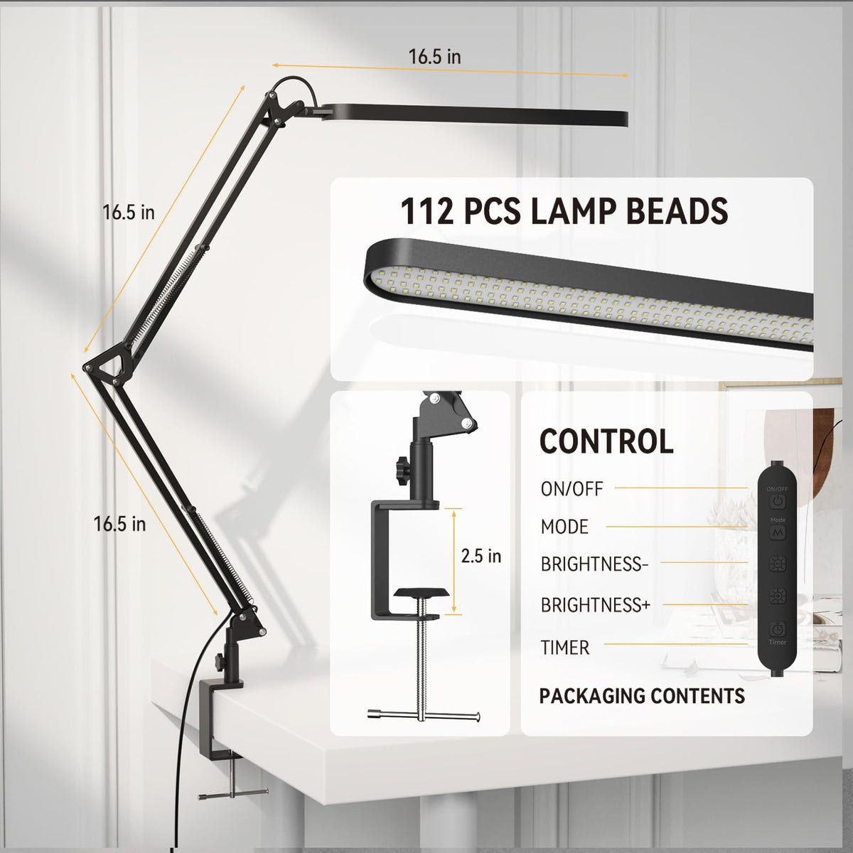 SKYLEO Schreibtischlampe LED – Schreibtischlampe klemmbar, Schwarz