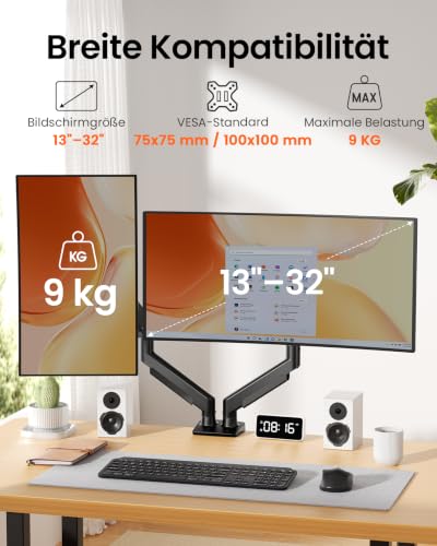 ErGear Monitor Halterung 2 Monitore 13-32 Zoll, 9KG, VESA 75/100, Schwarz