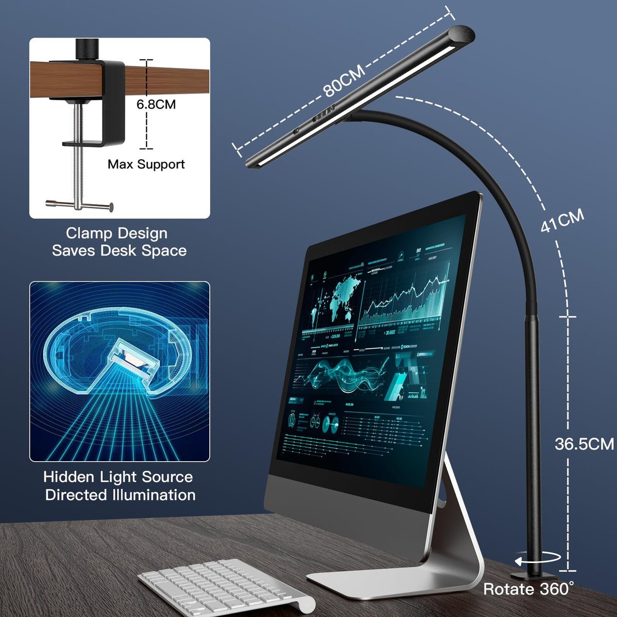 EYOCEAN Schreibtischlampe LED mit Gestensteuerung & Fernbedienung, 24W 80CM Klemmbare Dimmbare Monitor Lampe, Tageslichtlampe für Arbeiter in Büro Leser Architekenden Schneider