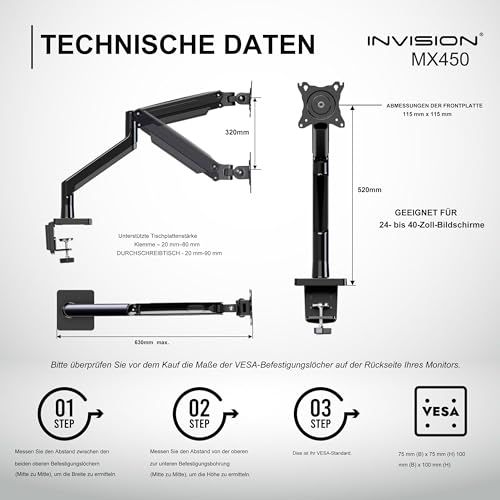 Invision Monitorarm Halterung fur Monitore von 24"-40" VESA 75/100mm ergonomisch höhenverstellbare Schreibtischklemme 2-15 kg (MX450)