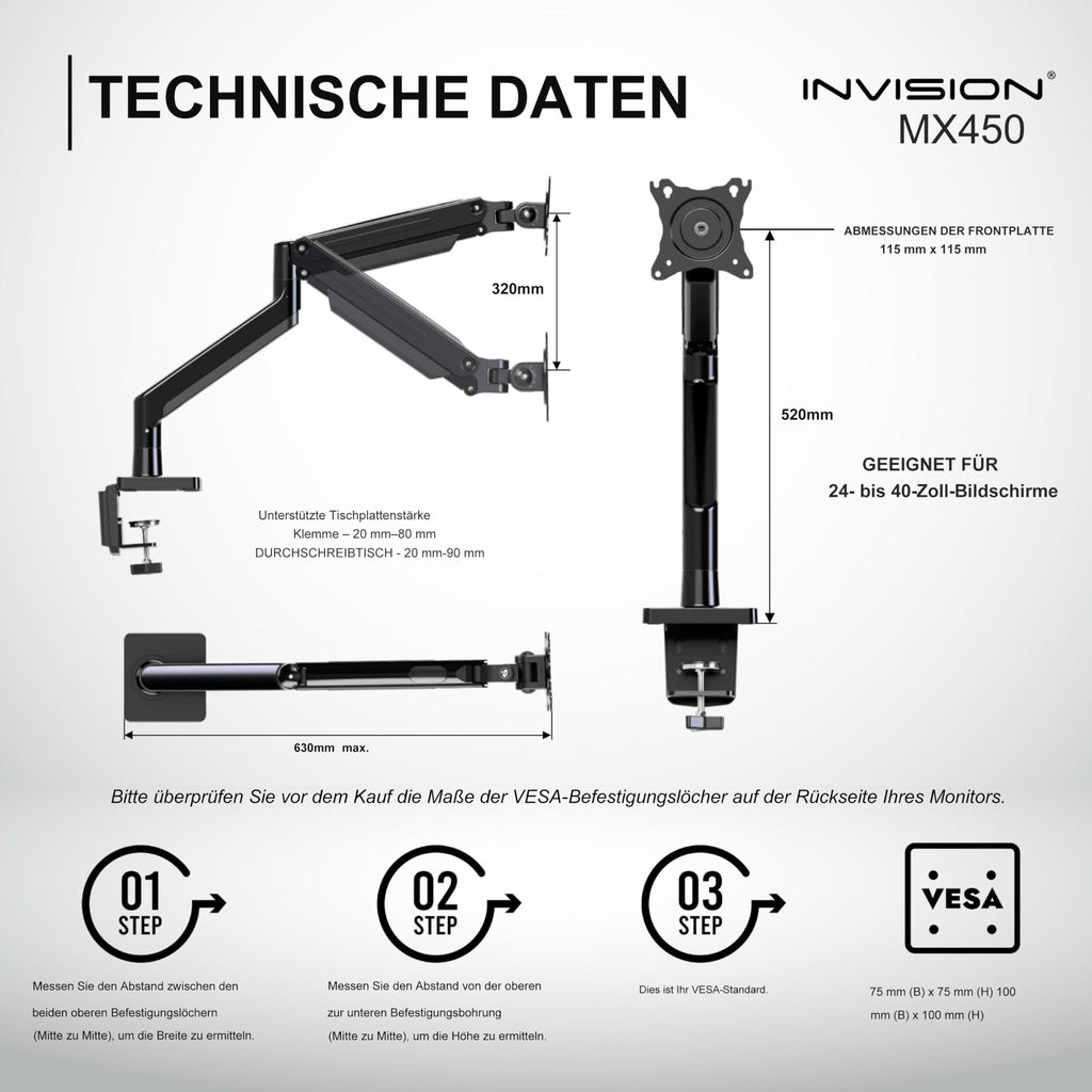 Invision Monitorarm Halterung fur Monitore von 24"-40" VESA 75/100mm ergonomisch höhenverstellbare Schreibtischklemme 2-15 kg (MX450)