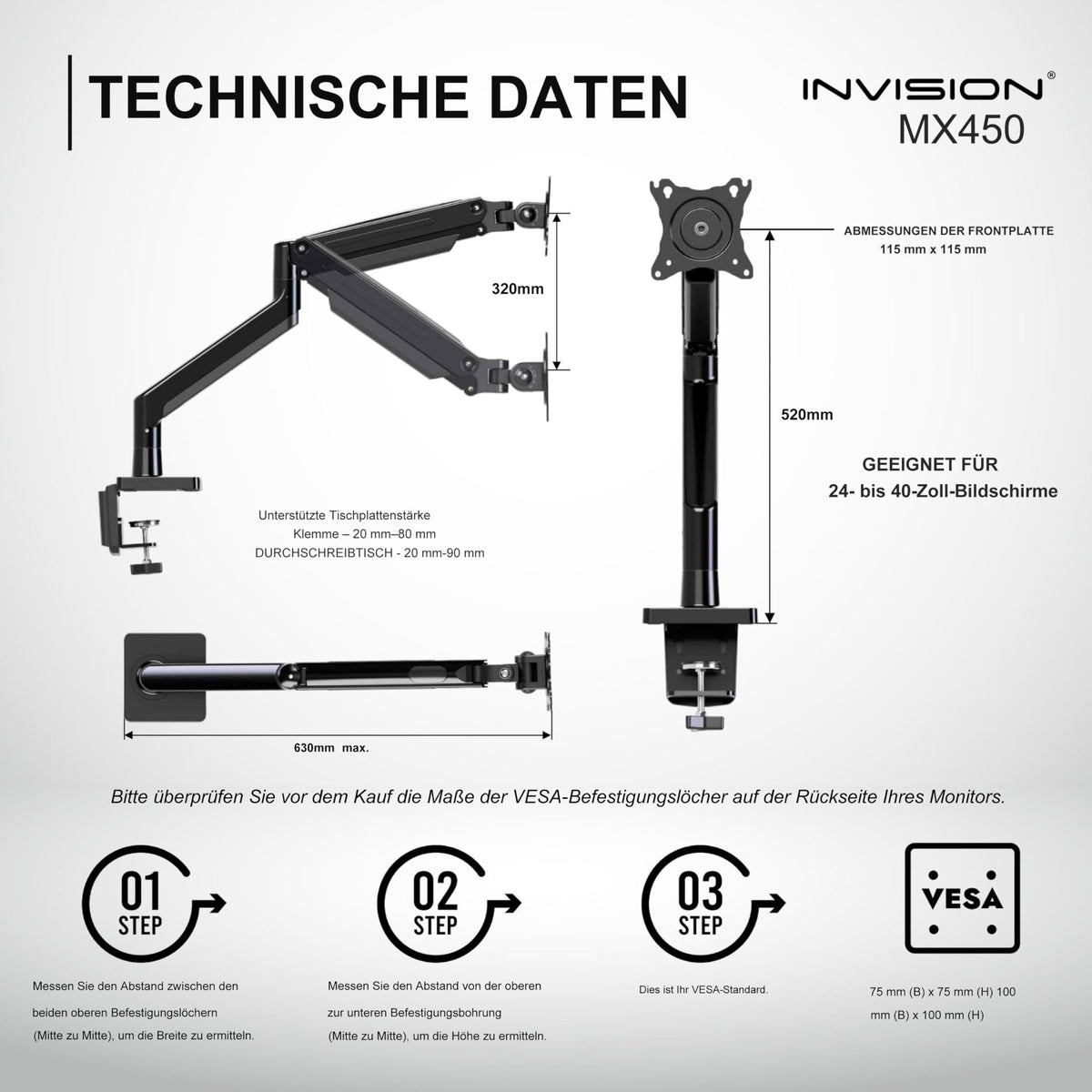 Invision Monitorarm Halterung fur Monitore von 24"-40" VESA 75/100mm ergonomisch höhenverstellbare Schreibtischklemme 2-15 kg (MX450)