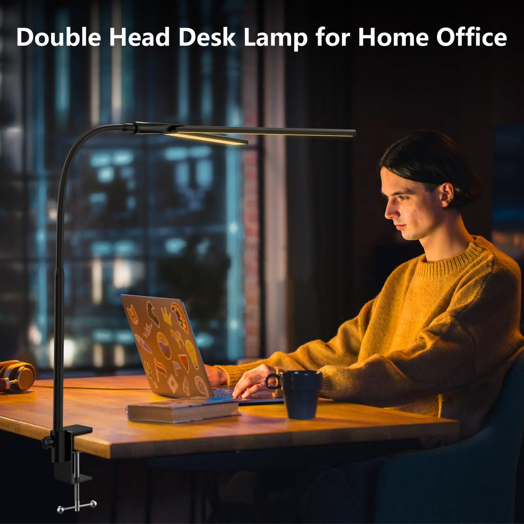 Schreibtischlampe LED dimmbar, 1200 lm Doppelkopf mit Klemme, Schwarz