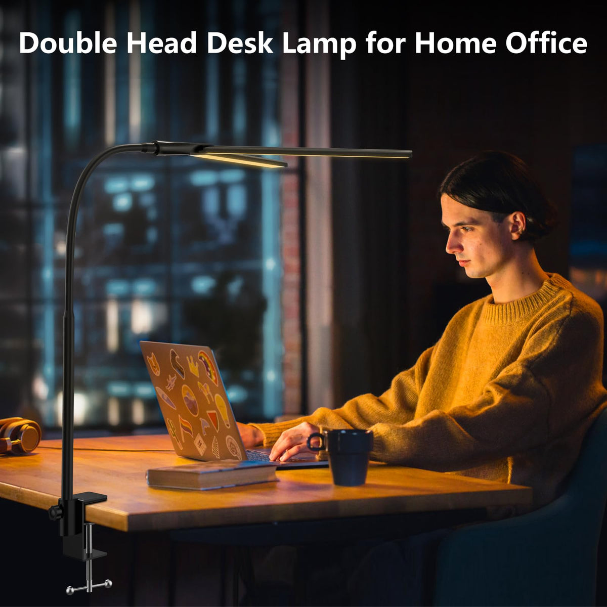 Schreibtischlampe LED dimmbar, 1200 lm Doppelkopf mit Klemme, Schwarz