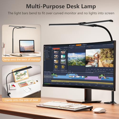 Schreibtischlampe LED dimmbar, 1200 lm Doppelkopf mit Klemme, Schwarz