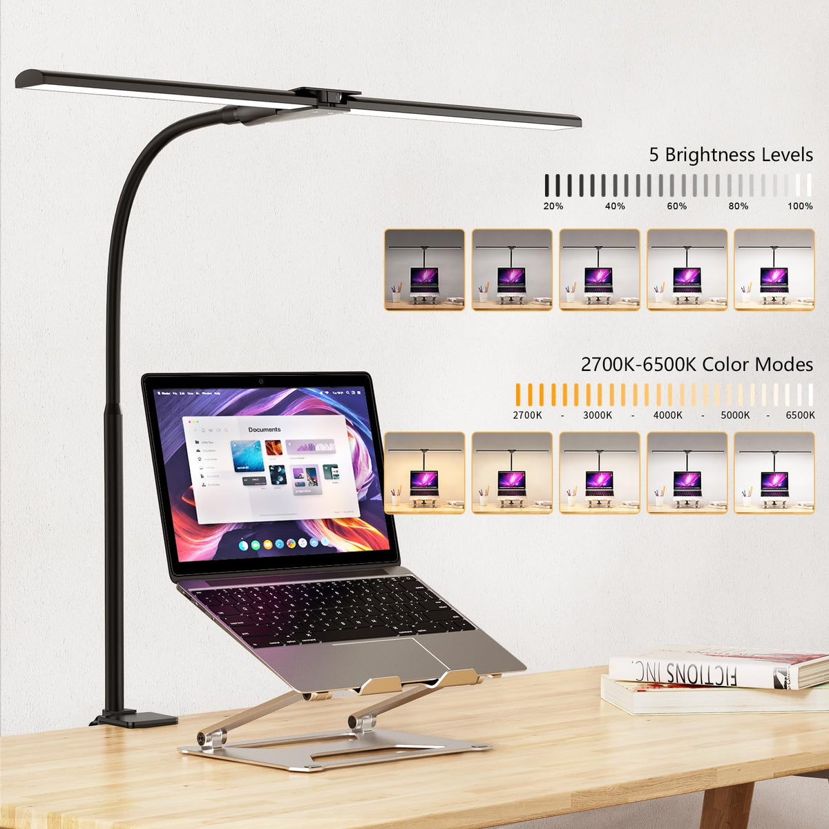 Schreibtischlampe LED dimmbar, 1200 lm Doppelkopf mit Klemme, Schwarz