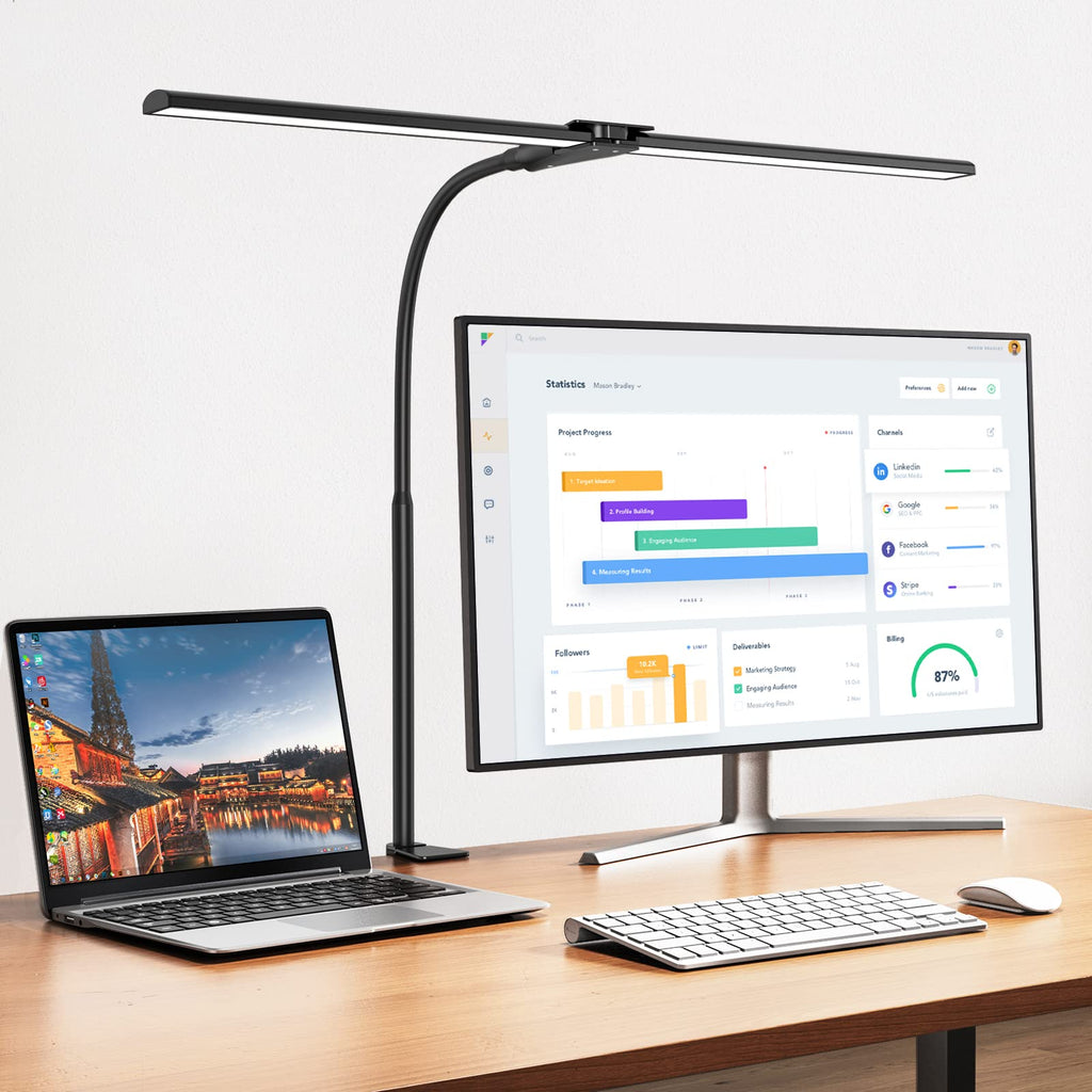 Schreibtischlampe LED dimmbar, 1200 lm Doppelkopf mit Klemme, Schwarz