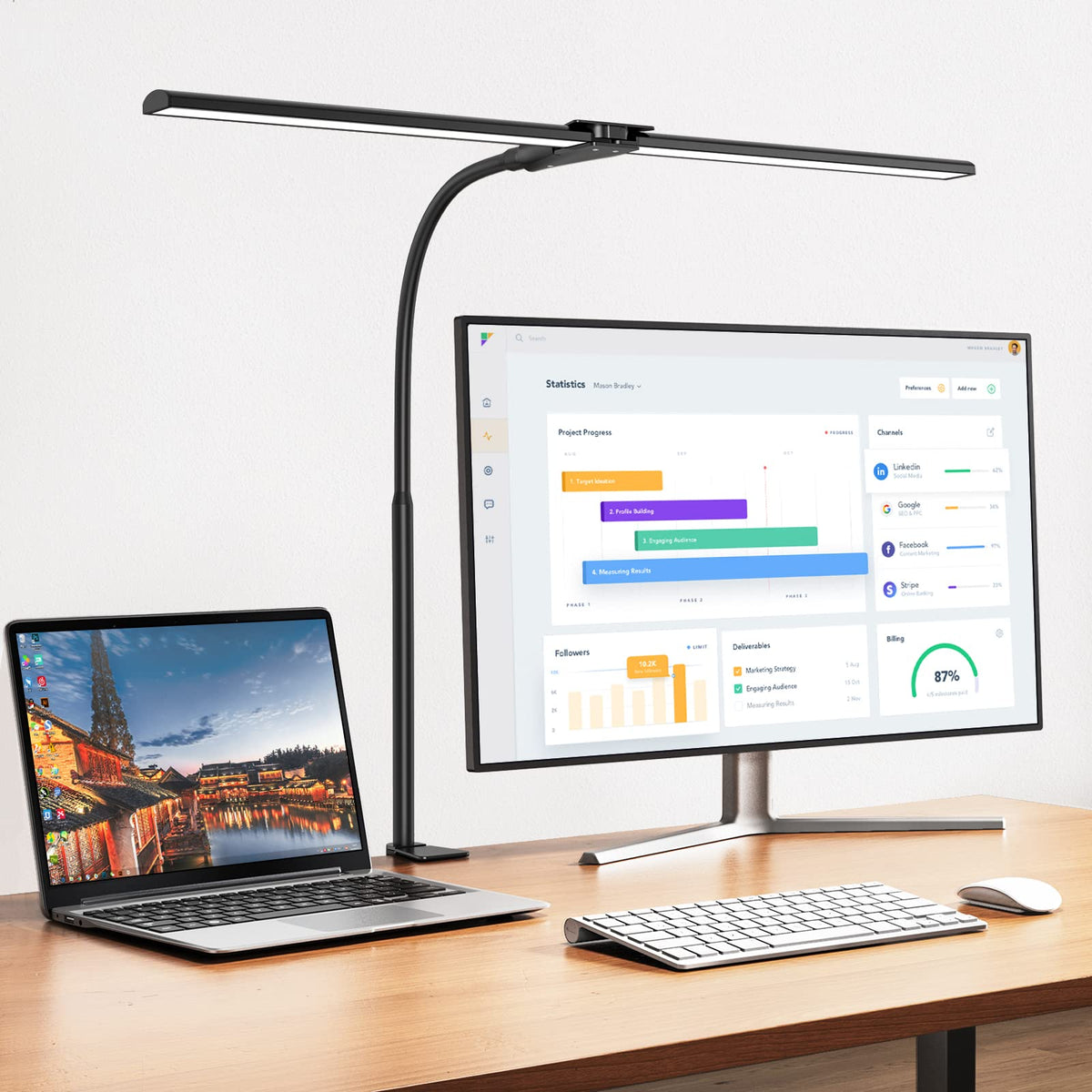 Schreibtischlampe LED dimmbar, 1200 lm Doppelkopf mit Klemme, Schwarz