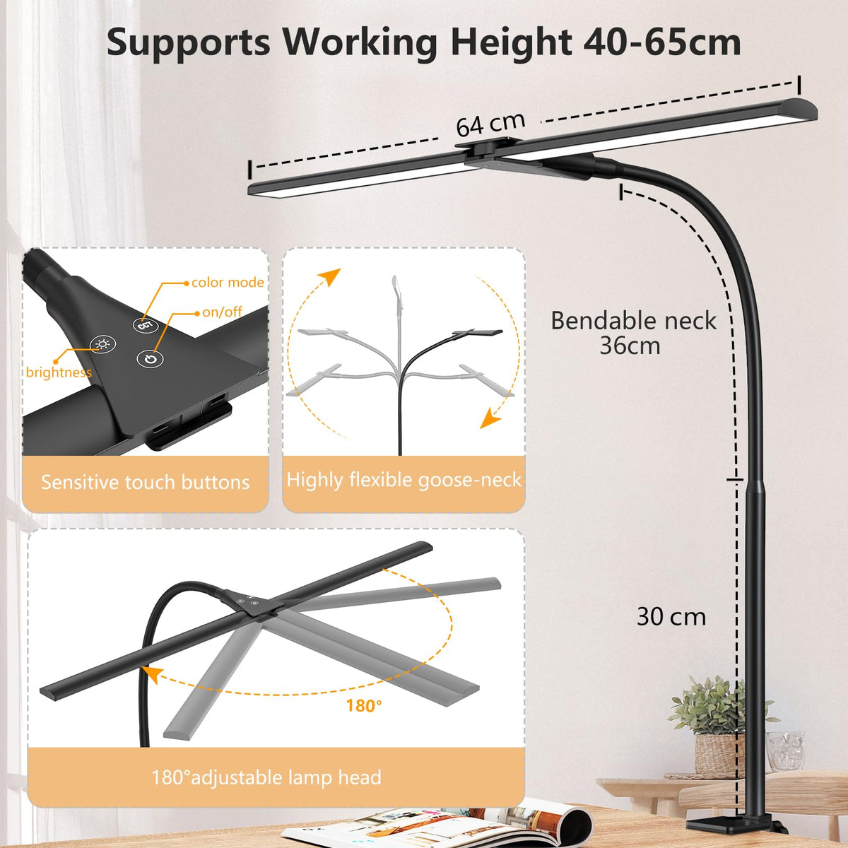 Schreibtischlampe LED dimmbar, 1200 lm Doppelkopf mit Klemme, Schwarz
