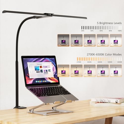 Schreibtischlampe LED dimmbar, 1200 lm Doppelkopf mit Klemme, Schwarz