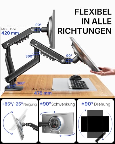 HUANUO MonitorHalterung 2 Monitore für 13–32 Zoll, MechaSpring Bildschirmhalterung bis 9 kg, FlowLift Pro Monitorarm (Neigung/Schwenk/Rotation) werkzeuglos montierbar VESA 75/100 mm, für Gaming&Office