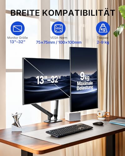 HUANUO MonitorHalterung 2 Monitore für 13–32 Zoll, MechaSpring Bildschirmhalterung bis 9 kg, FlowLift Pro Monitorarm (Neigung/Schwenk/Rotation) werkzeuglos montierbar VESA 75/100 mm, für Gaming&Office