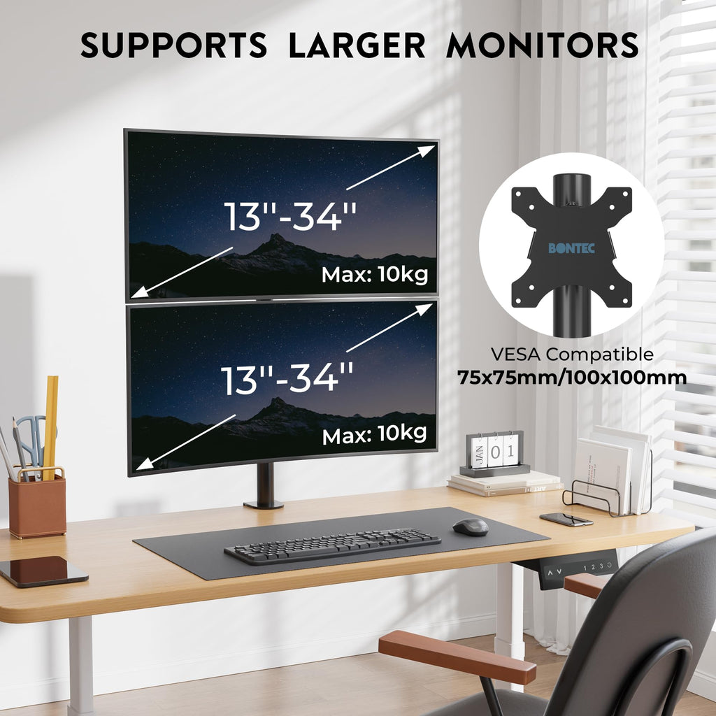 BONTEC Monitor Halterung 2 Monitore übereinander, 13-34 Zoll, 10 kg pro Arm